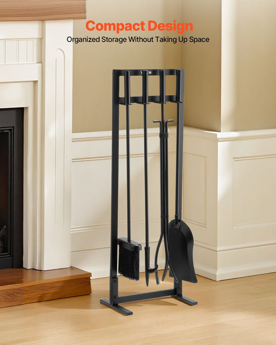 Fireplace Tool Set, 5 PCS Fire Tool Set and Holder with Square-Frame Stand, Tongs, Ash Shovel, Brush, Fire Place Poker, Wrought Iron Steel Fireplace Accessories for Indoor/Outdoor, Black