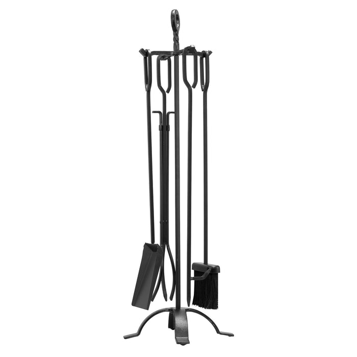 Fireplace Tool Set, 5 PCS Fire Tool Set and Holder with Four-Prong Stand, Tongs, Ash Shovel, Brush, Fire Place Poker, Wrought Iron Fireplace Accessories for Campfire Indoor/Outdoor, Black