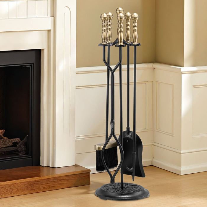 Fireplace Tool Set, 5 PCS Fire Tool Set and Holder with Five-Prong Stand, Tongs, Ash Shovel, Brush, Fire Place Poker, Wrought Iron Fireplace Accessories for Indoor/Outdoor, Black & Brass