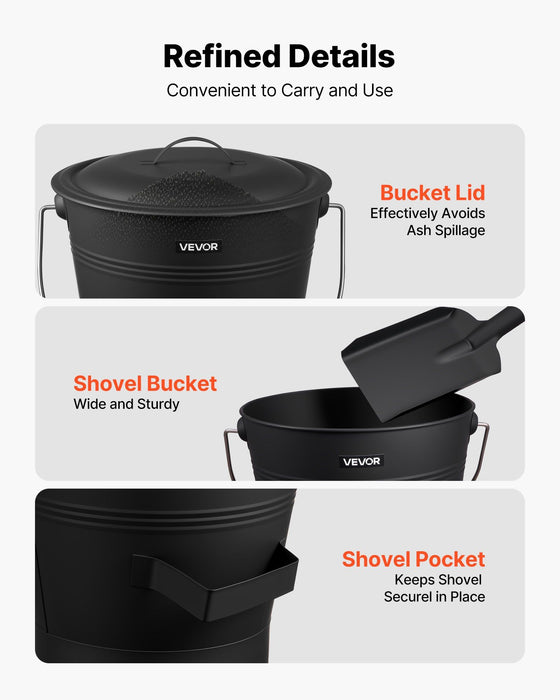 Ash Bucket, 4 PCS with Lid, Shovel, Broom and Gloves, Metal Fireplace Charcoal Bucket and Ash Can, 9.8L Large Capacity for Fireplace, Fire Pits, Wood Burning Stoves, Indoor and Outdoor