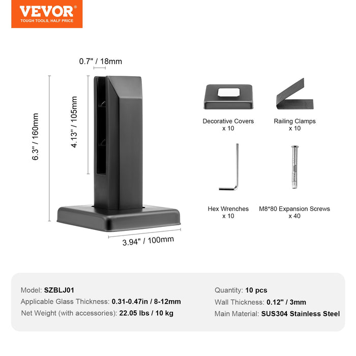 VEVOR Glass Clamp, 10 PCS Square Glass Railing Bracket for 0.31 "-0.47 " Tempered Glass, 304 Stainless Steel Glass Mounting Clamp, 0.12â€?Thick Glass Shelf Bracket for Balcony, Garden, Deck, Stair