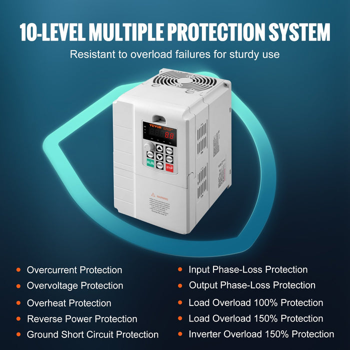 VEVOR VFD 10HP, 7.5KW, 34A, 1 Phase 220V-240V Input to 3 Phase 220V-240V Output Variable Frequency Drive, 0-400Hz VFD for AC Motor Speed Control