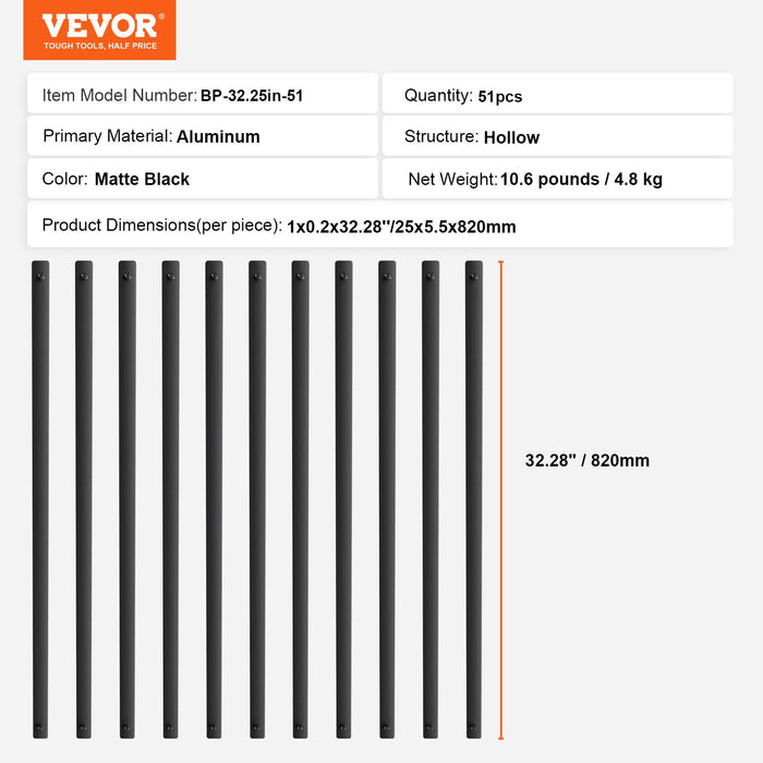 VEVOR Staircase Metal Balusters, 32.28"x1"x0.2" Flat Aluminum Alloy Decorative Banister Spindles, 51 Pack Deck Baluster with Screws, Classic Hollow Deck Railing Satin Black Powder Coated for Porch