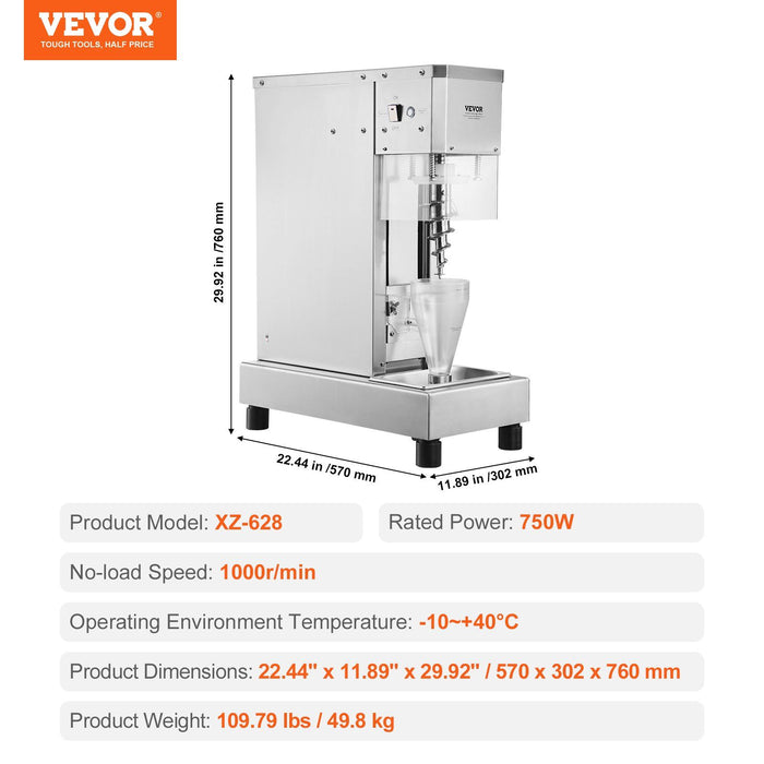 Ice Cream Blender, 750W High-Speed Ice Cream Maker Mixer Stir Machine 1740RPM, 304 Stainless Steel Ice Cream Shaker, Long Handle + PC Protective Shield, Customizable with any Flavor of Ice Cream