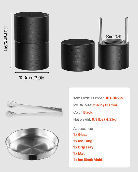 Ice Ball Press Kit, Aviation Aluminum Ice Press with Ice Block Mold, Large Mat, Tong, Drip Tray, One Glass, Round Ice Ball Maker 2.4"/60 mm Ice Sphere, for Whiskey, Cocktail on Party & Holiday