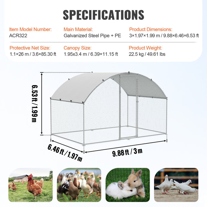 VEVOR Chicken Coop, 9.8x6.5x6.5ft Walk-in Large Metal Chicken Run for Yard with Waterproof Cover, Doom Roof Hen House with Security Lock for Outdoor and Backyard, Farm, Duck Rabbit Cage Poultry Pen