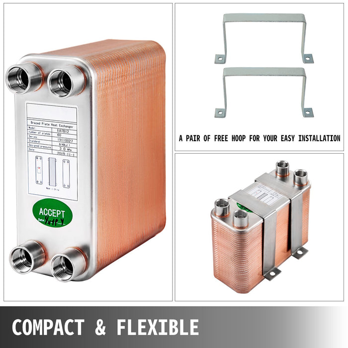 VEVOR Heat Exchanger 3"x7.5" 60 Plates Brazed Plate Heat Exchanger 316L 1/2" BSP FPT Heat Exchanger EATB12 Beer Wort Chiller for Hydronic Heating