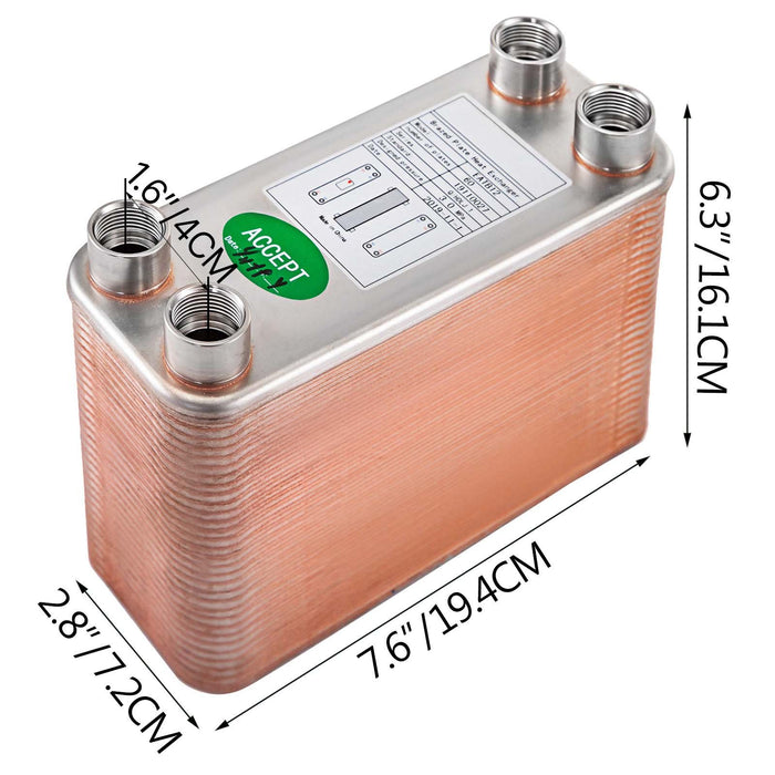 VEVOR Heat Exchanger 3"x7.5" 60 Plates Brazed Plate Heat Exchanger 316L 1/2" BSP FPT Heat Exchanger EATB12 Beer Wort Chiller for Hydronic Heating