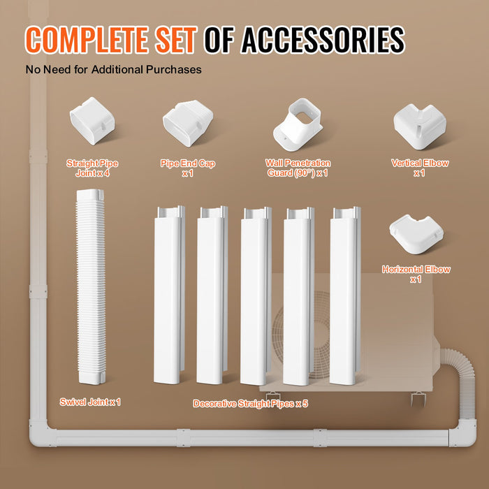 VEVOR Mini Split Line Set Cover 76.2mm W 3110mm L, PVC Decorative Pipe Line Cover For Air Conditioner with 5 Straight Ducts & Full Components Easy to Install, Paintable for Heat Pumps, White