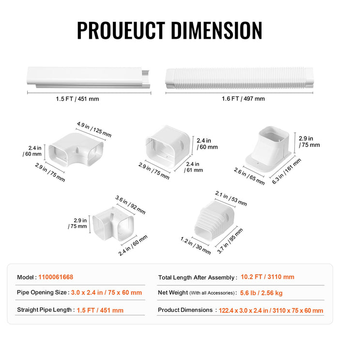 VEVOR Mini Split Line Set Cover 76.2mm W 3110mm L, PVC Decorative Pipe Line Cover For Air Conditioner with 5 Straight Ducts & Full Components Easy to Install, Paintable for Heat Pumps, White