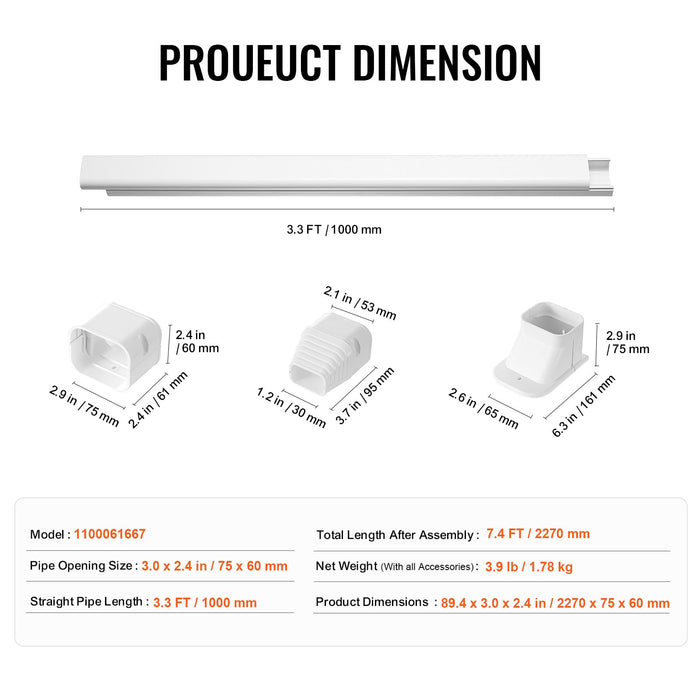 VEVOR Mini Split Line Set Cover 76.2mm W 2270mm L, PVC Decorative Pipe Line Cover For Air Conditioner with 2 Straight Ducts & Full Components Easy to Install, Paintable for Heat Pumps, White