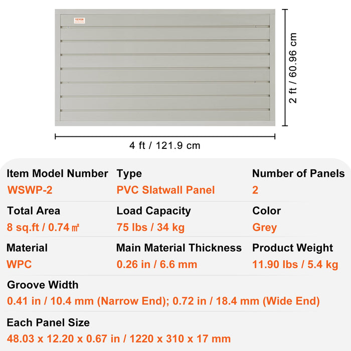 VEVOR Slatwall Panels, 121.9 x 30.48 cm Gray Garage Wall Panels (Set of 2 Panels), Heavy Duty Garage Wall Organizer Panels Display Perfect for Retail Store, Garage Wall, and Craft Storage Organization