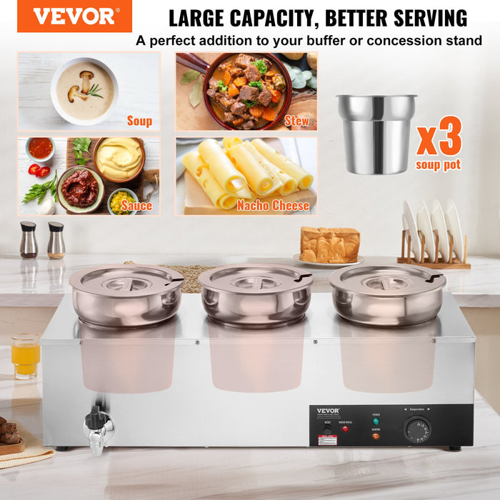 VEVOR Electric Soup Warmer, Three 7.4QT Stainless Steel Round Pot, 1200W Commercial Food Warmer, 30 - 85℃ Adjustable Temp, Bain Marie with Anti-Dry Burn and Reset Button, for Restaurant, Buffet
