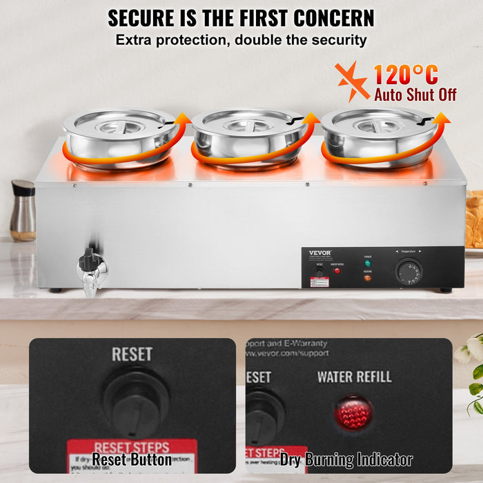 VEVOR Electric Soup Warmer, Three 7.4QT Stainless Steel Round Pot, 1200W Commercial Food Warmer, 30 - 85℃ Adjustable Temp, Bain Marie with Anti-Dry Burn and Reset Button, for Restaurant, Buffet