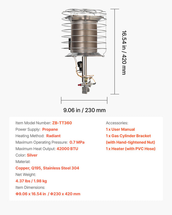VEVOR Propane Tank Top Heater, 42000 BTU Rapid Heating 360-Degree Infrared Radiant Tank Top Gas Heater, Stepless Temperature Adjustment for Ice Fishing/ Hunting/Outdoor Work, Single Burner