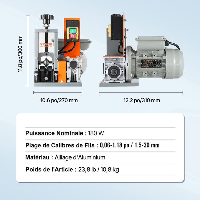 VEVOR Automatic Wire Stripping Machine, 0.06''-1.18'' Electric Motorized Cable Stripper, 180 W, 60 ft/min Wire Peeler with Visible Stripping Depth Reference, for Scrap Copper Recycling