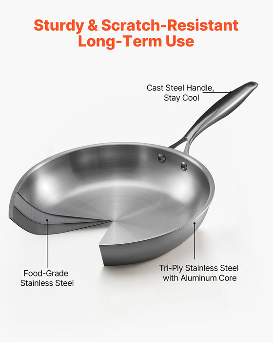 VEVOR Tri-Ply Stainless Steel Frying Pan, 3 Piece (240, 280, 320 mm), Cooking Skillet with Heat-Resistant Handle, Chef's Kitchen Cookware, Oven, Gas, Electric, Induction, Dishwasher Compatible, Silver