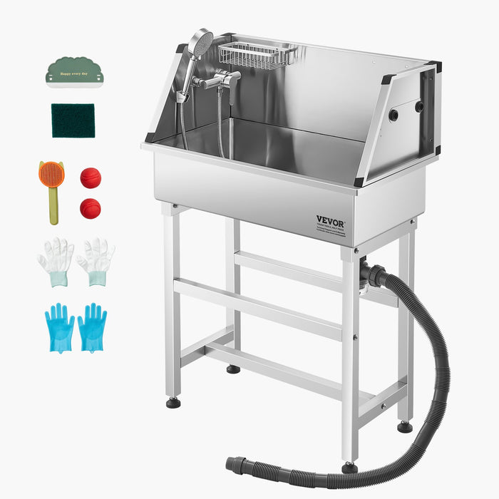 VEVOR 86.4 cm Stainless Steel Dog Washing Station, Pet Grooming Tub with Hot & Cold Faucet, Showerhead, Storage Rack, No-Bend All-in-One Bathtub, Home Wash Sink, Fits Small Cats and Dogs
