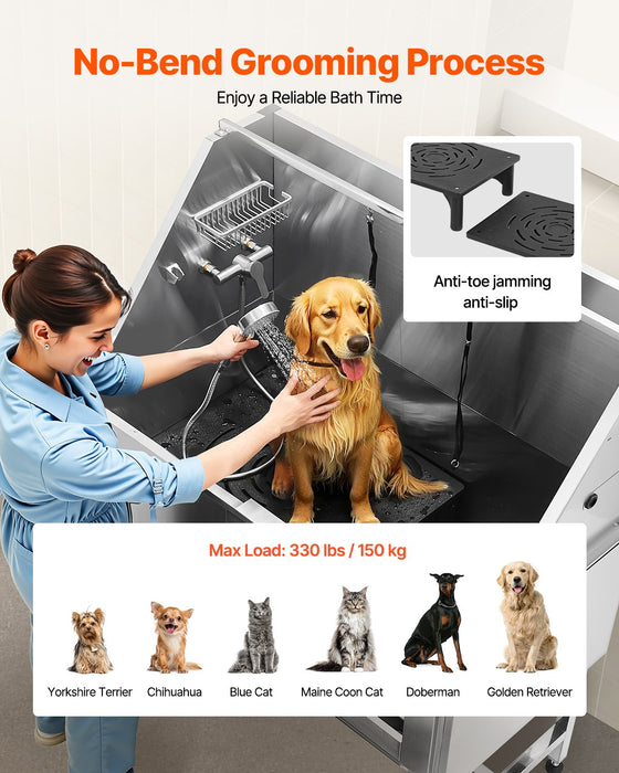 VEVOR 127 cm Dog Grooming Bath Tub Stainless Steel w Stairs Water Filter