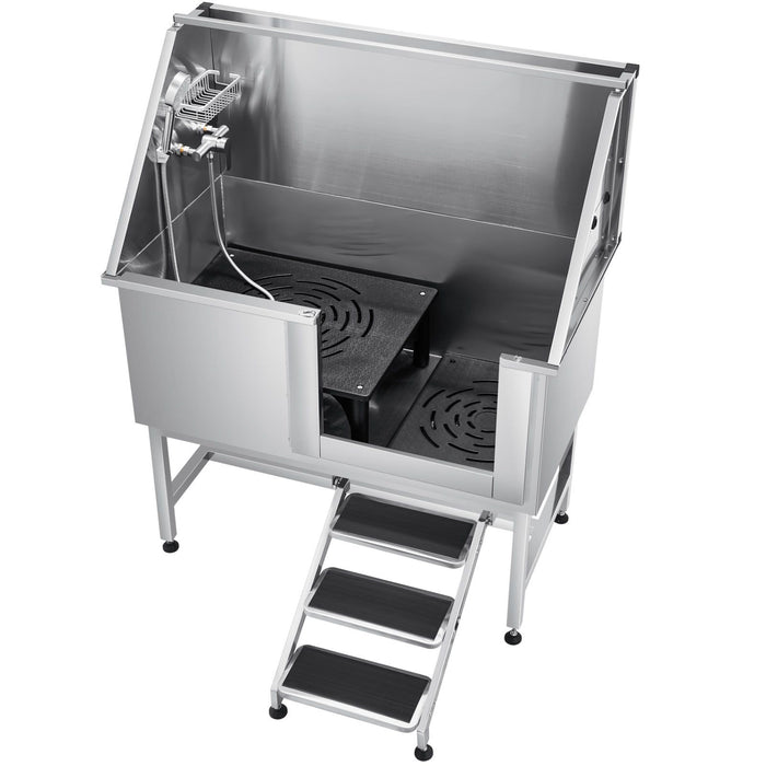 Stainless Steel Dog Washing Station, 127 cm Pet Grooming Tub w/ Stairs, PE Water Filter Board, Faucet & Showerhead & Soap Holder Dog Bathtub for Large & Medium & Small Pets (Left Door)