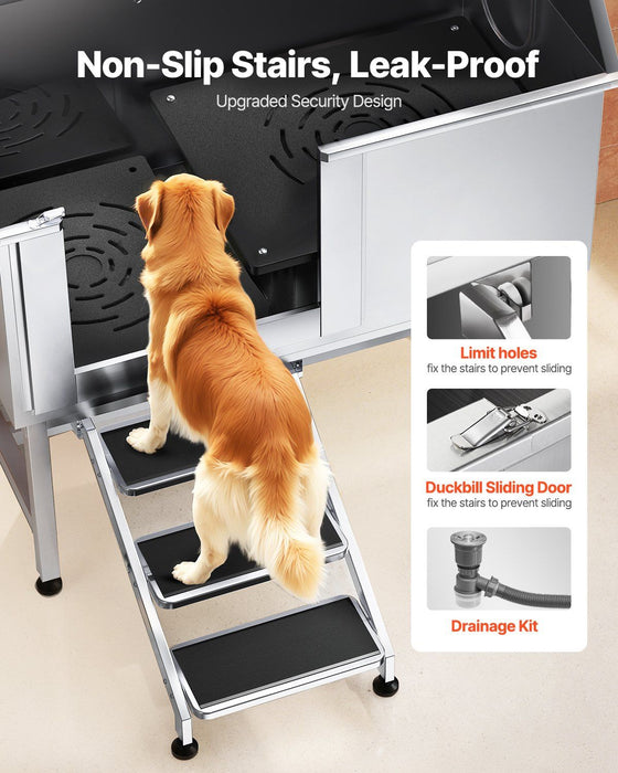 Stainless Steel Dog Washing Station, 127 cm Pet Grooming Tub w/ Stairs, PE Water Filter Board, Faucet & Showerhead & Soap Holder Dog Bathtub for Large & Medium & Small Pets (Left Door)