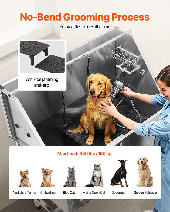 Stainless Steel Dog Washing Station, 127 cm Pet Grooming Tub w/ Stairs, PE Water Filter Board, Faucet & Showerhead & Soap Holder Dog Bathtub for Large & Medium & Small Pets (Left Door)