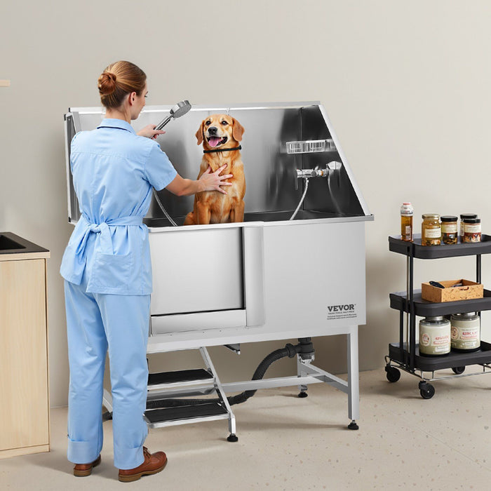 Stainless Steel Dog Washing Station, 127 cm Pet Grooming Tub w/ Stairs, PE Water Filter Board, Faucet & Showerhead & Soap Holder Dog Bathtub for Large & Medium & Small Pets (Left Door)