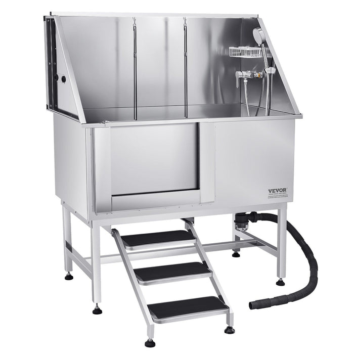 Stainless Steel Dog Washing Station, 127 cm Pet Grooming Tub w/ Stairs, PE Water Filter Board, Faucet & Showerhead & Soap Holder Dog Bathtub for Large & Medium & Small Pets (Left Door)