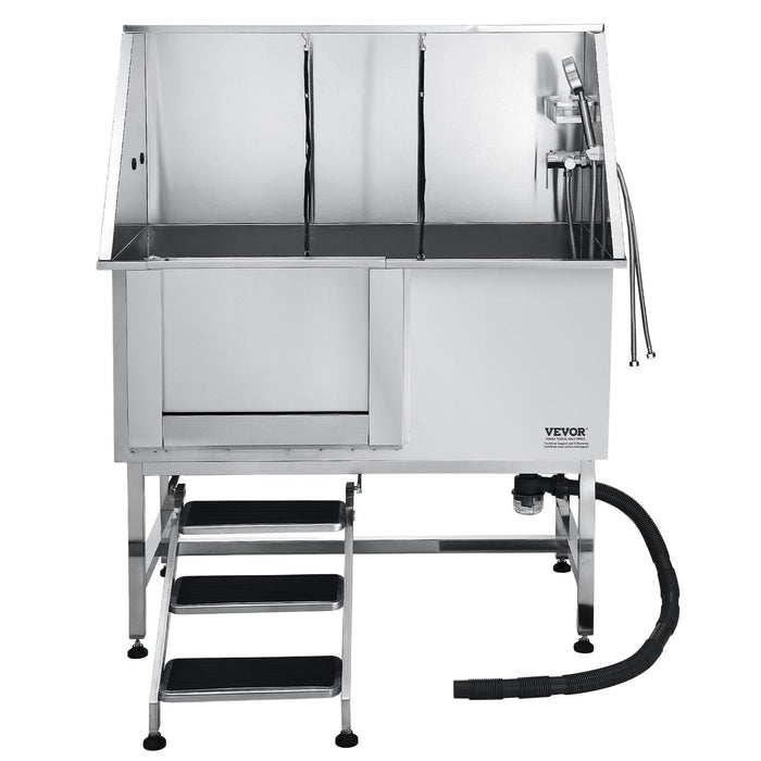 Stainless Steel Dog Washing Station, 127 cm Pet Grooming Tub w/ Stairs, PE Water Filter Board, Faucet & Showerhead & Soap Holder Dog Bathtub for Large & Medium & Small Pets (Left Door)