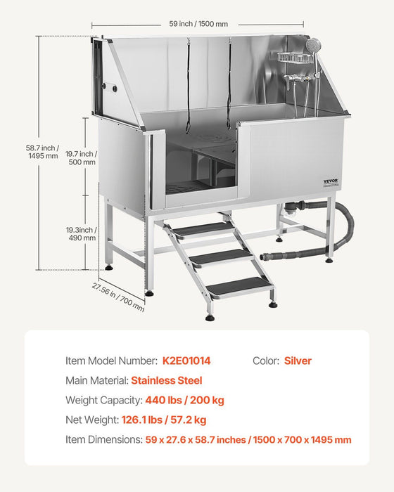 Stainless Steel Dog Washing Station, 157.48 cm Pet Grooming Tub w/ Stairs, PE Water Filter Board, Faucet & Showerhead & Soap Holder Dog Bathtub for Large & Medium & Small Pets (Left Door)