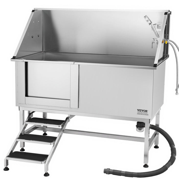 Stainless Steel Dog Washing Station, 157.48 cm Pet Grooming Tub w/ Stairs, PE Water Filter Board, Faucet & Showerhead & Soap Holder Dog Bathtub for Large & Medium & Small Pets (Left Door)
