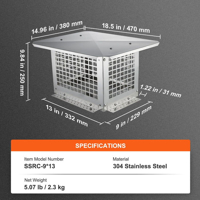 VEVOR Chimney Cap 13â€?x 9â€?304Stainless Steel Fireplace Flue Caps Cover Mesh