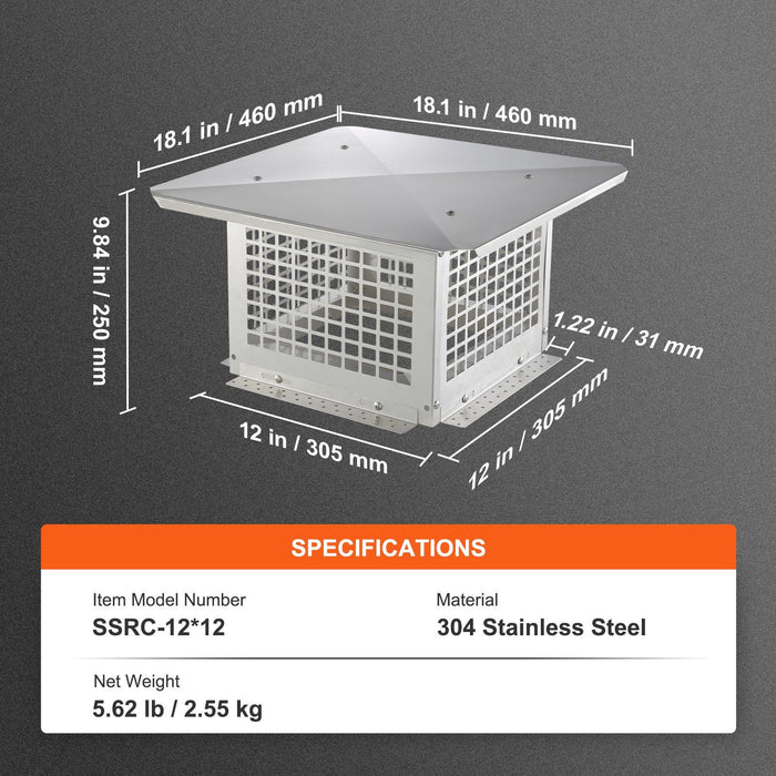 Chimney Cap 304.8 x 304.8mm, 304 Stainless Steel Fireplace Chimney Cover, Not Easily Toppled & Practical Accessories & Easy Installation, Fits Mesh Flue Covers Outside Clay Flue Shingles, Silver