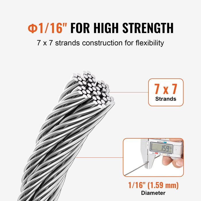 VEVOR Wire Rope Kit, 1.59 mm 100.6 m 304 Stainless Steel Cable with 80 Sleeves and 20 Thimbles, 2KN Breaking Strength, 7 x 7 Strands Marine Aircraft Grade for Handrail Stair Decking Fence Outdoors