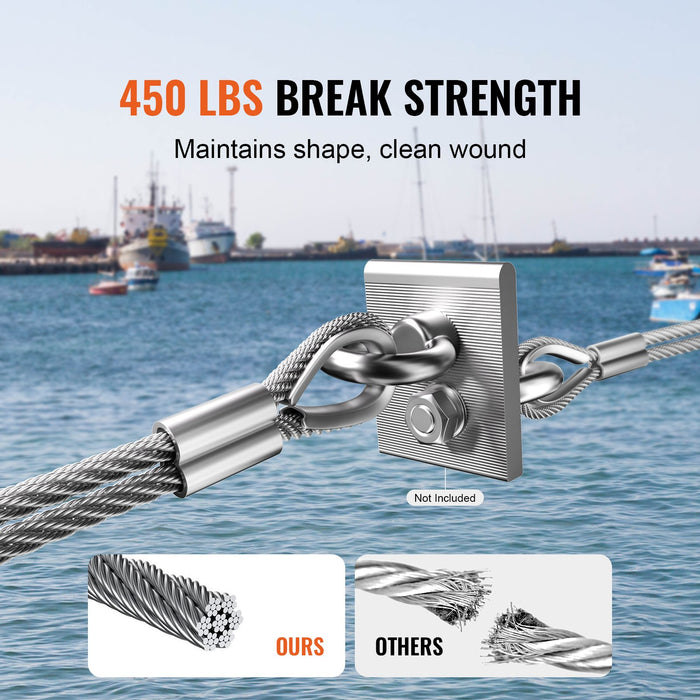 VEVOR Wire Rope Kit, 1.59 mm 100.6 m 304 Stainless Steel Cable with 80 Sleeves and 20 Thimbles, 2KN Breaking Strength, 7 x 7 Strands Marine Aircraft Grade for Handrail Stair Decking Fence Outdoors
