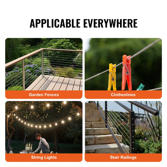 VEVOR Wire Rope Kit, 1.59 mm 100.6 m 304 Stainless Steel Cable with 80 Sleeves and 20 Thimbles, 2KN Breaking Strength, 7 x 7 Strands Marine Aircraft Grade for Handrail Stair Decking Fence Outdoors