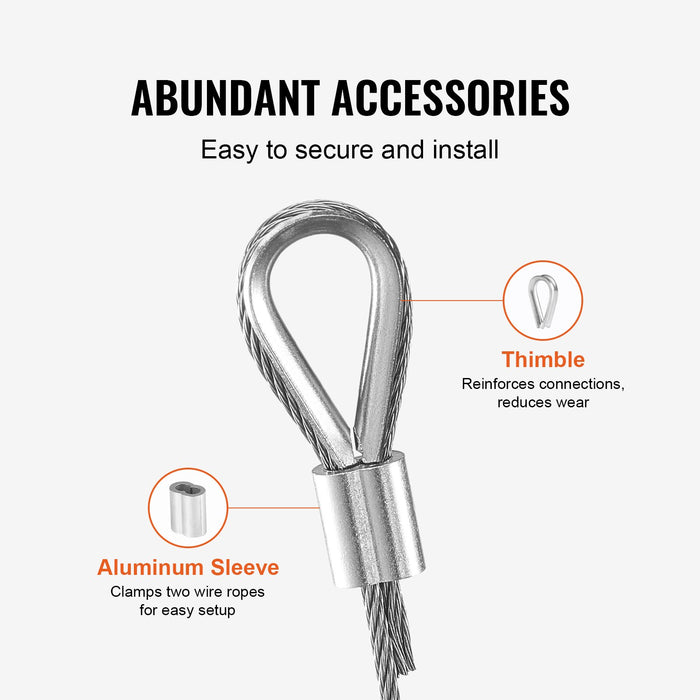VEVOR Wire Rope Kit, 1.59 mm 100.6 m 304 Stainless Steel Cable with 80 Sleeves and 20 Thimbles, 2KN Breaking Strength, 7 x 7 Strands Marine Aircraft Grade for Handrail Stair Decking Fence Outdoors