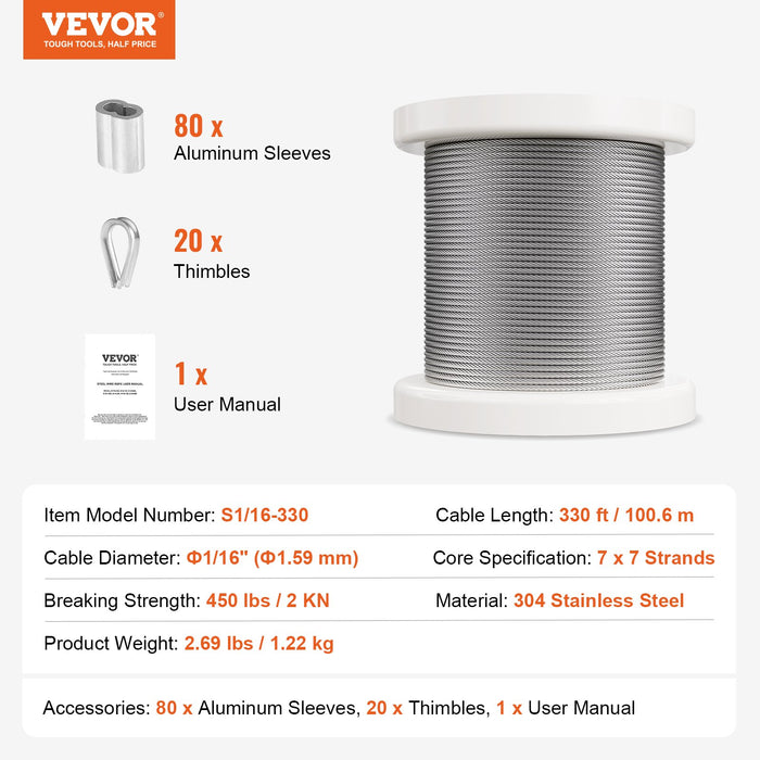 VEVOR Wire Rope Kit, 1.59 mm 100.6 m 304 Stainless Steel Cable with 80 Sleeves and 20 Thimbles, 2KN Breaking Strength, 7 x 7 Strands Marine Aircraft Grade for Handrail Stair Decking Fence Outdoors