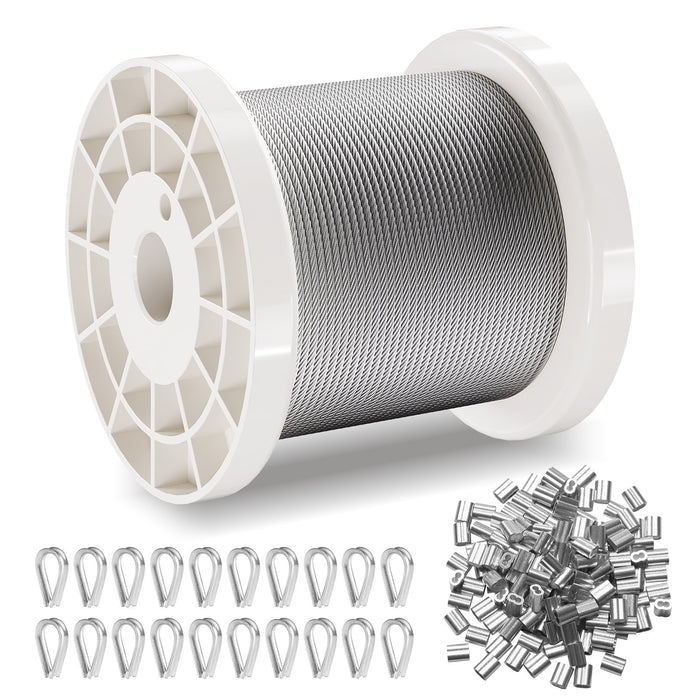 VEVOR Wire Rope Kit, 1.59 mm 100.6 m 304 Stainless Steel Cable with 80 Sleeves and 20 Thimbles, 2KN Breaking Strength, 7 x 7 Strands Marine Aircraft Grade for Handrail Stair Decking Fence Outdoors