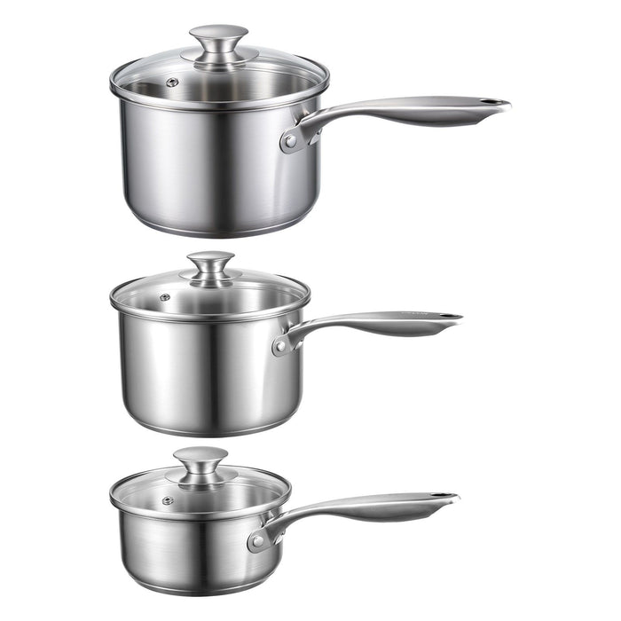Stainless Steel Saucepan Set, 1 QT & 2 QT & 3 QT Saucepans with Glass Lids, Multipurpose Nonstick Stainless Steel Sauce Pot with Ergonomic Handle, Friendly for Oven, Dishwasher, Induction Cooker