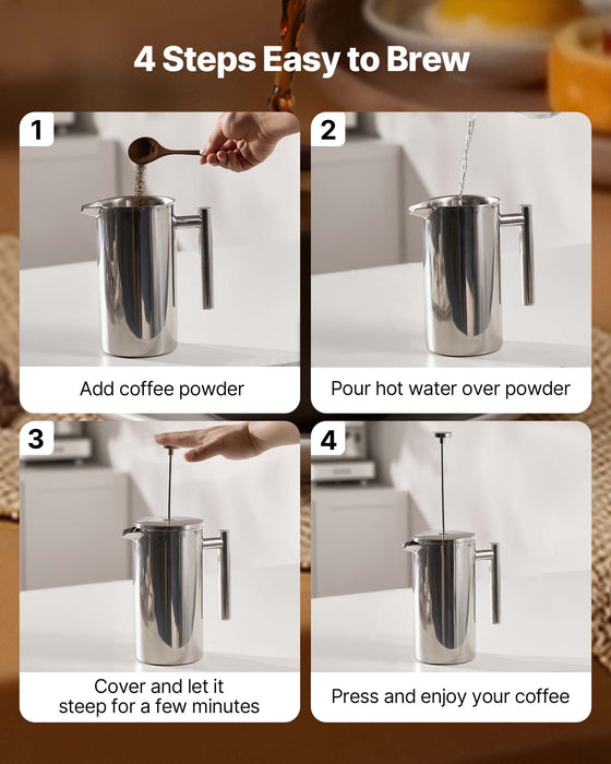 VEVOR French Press Coffee Maker, 1.5 Liter Stainless Steel Coffee Press Tea Maker with Filter, Large Double Wall Insulated French Presses Cold Brew for Camping Travel Home Kitchen, Silver