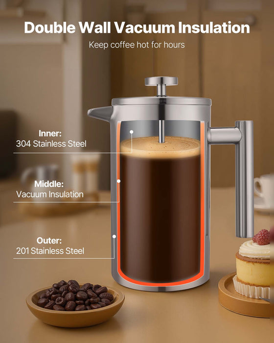 VEVOR French Press Coffee Maker, 1 Liter Stainless Steel Coffee Press Tea Maker with Filter, Large Double Wall Insulated French Presses Cold Brew for Camping Travel Home Kitchen, Silver