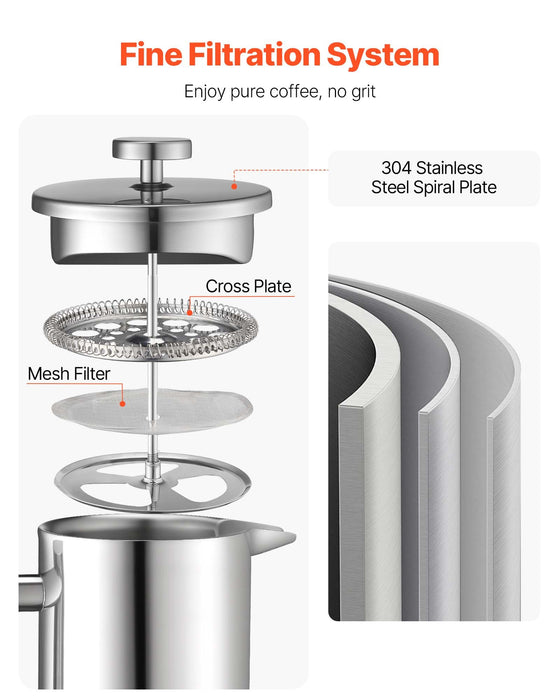 VEVOR French Press Coffee Maker, 1 Liter Stainless Steel Coffee Press Tea Maker with Filter, Large Double Wall Insulated French Presses Cold Brew for Camping Travel Home Kitchen, Silver
