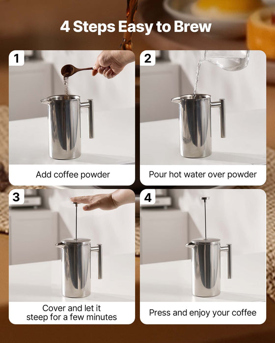 VEVOR French Press Coffee Maker, 1 Liter Stainless Steel Coffee Press Tea Maker with Filter, Large Double Wall Insulated French Presses Cold Brew for Camping Travel Home Kitchen, Silver