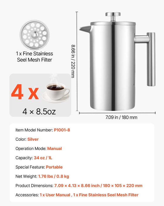 VEVOR French Press Coffee Maker, 1 Liter Stainless Steel Coffee Press Tea Maker with Filter, Large Double Wall Insulated French Presses Cold Brew for Camping Travel Home Kitchen, Silver