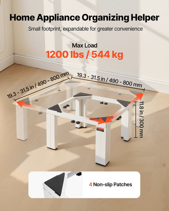 Laundry Pedestal, 305 mm Height, Washer and Dryer Pedestals with 544 kg Weight Load Capacity, 475-785 mm Adjustable, Non-Slip Feet, Heavy-duty Steel Washing Machine Stand Universal Fit, White