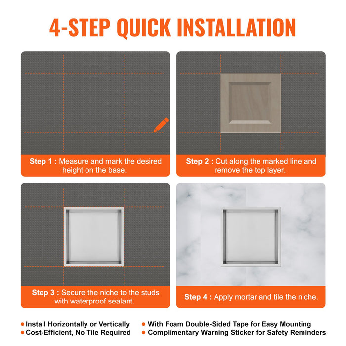 VEVOR 33.02 x 33.02 cm No Tile Shower Niche 304 Stainless Steel, Wall-Inserted Niche Recessed Double Shelves, Sealed Waterproof Rust-Resistant Modern Niche for Shower Bathroom Soap Storage, Silver