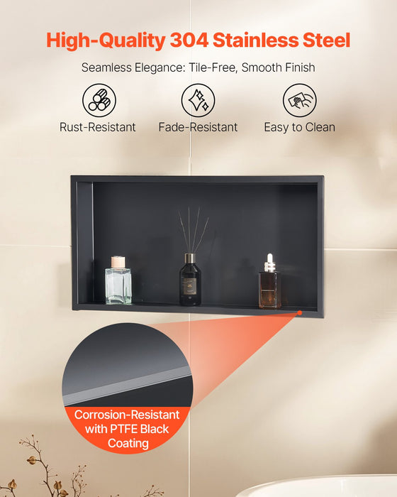 VEVOR Shower Niche, 33.0 x 63.5 x 10.2 cm Recessed Wall Niche, Heavy-duty Stainless Steel Modern Soap & Shampoo Storage Organizer, Sealed Waterproof, Durable & Easy to Install, Black for Bathroom