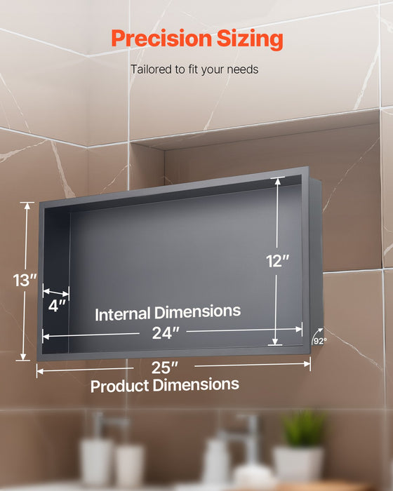 VEVOR Shower Niche, 33.0 x 63.5 x 10.2 cm Recessed Wall Niche, Heavy-duty Stainless Steel Modern Soap & Shampoo Storage Organizer, Sealed Waterproof, Durable & Easy to Install, Black for Bathroom