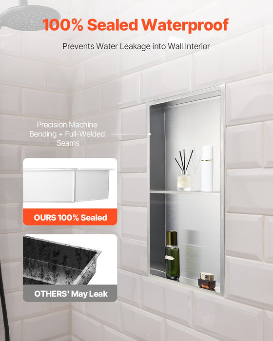 VEVOR Shower Niche, 33.0 x 63.5 x 10.2 cm Recessed Wall Niche Double-layer, with Hollowed-out Divider, Heavy-duty Stainless Steel Modern Shampoo Storage Organizer, Waterproof, Silver for Bathroom